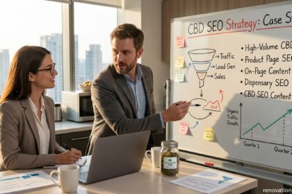 Professional digital marketing team analyzing a CBD SEO strategy whiteboard presentation for organic search growth