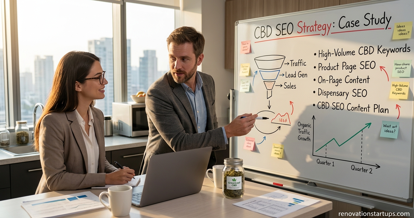Professional digital marketing team analyzing a CBD SEO strategy whiteboard presentation for organic search growth