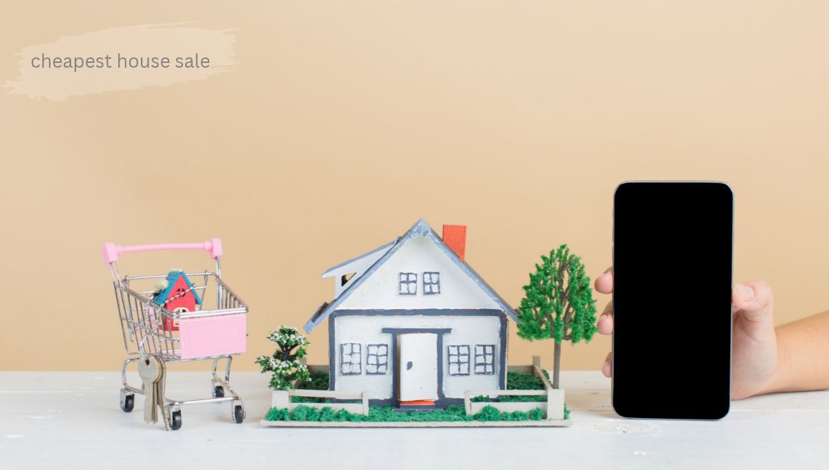 Miniature toy house and a small shopping cart representing real estate and affordable housing’Cheapest House Sale’.