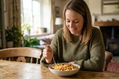 Woman enjoying a bowl of homemade gourmet macaroni and cheese at a rustic wooden dining table in a cozy renovated home setting, illustrating comforting food and warm interior design.