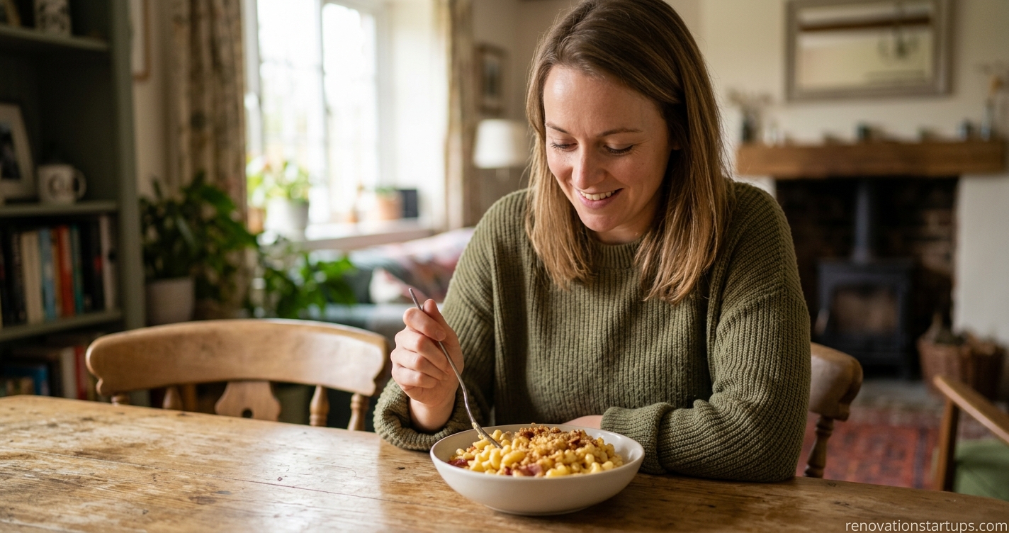 Woman enjoying a bowl of homemade gourmet macaroni and cheese at a rustic wooden dining table in a cozy renovated home setting, illustrating comforting food and warm interior design.