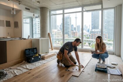 Professional contractor installing hardwood flooring during a modern condo renovation in Concord CityPlace Toronto with CN Tower skyline views.