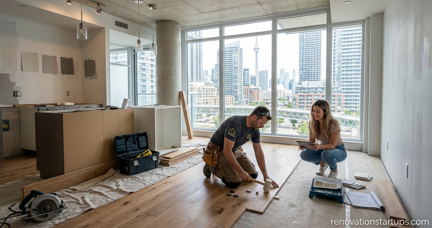 Professional contractor installing hardwood flooring during a modern condo renovation in Concord CityPlace Toronto with CN Tower skyline views.