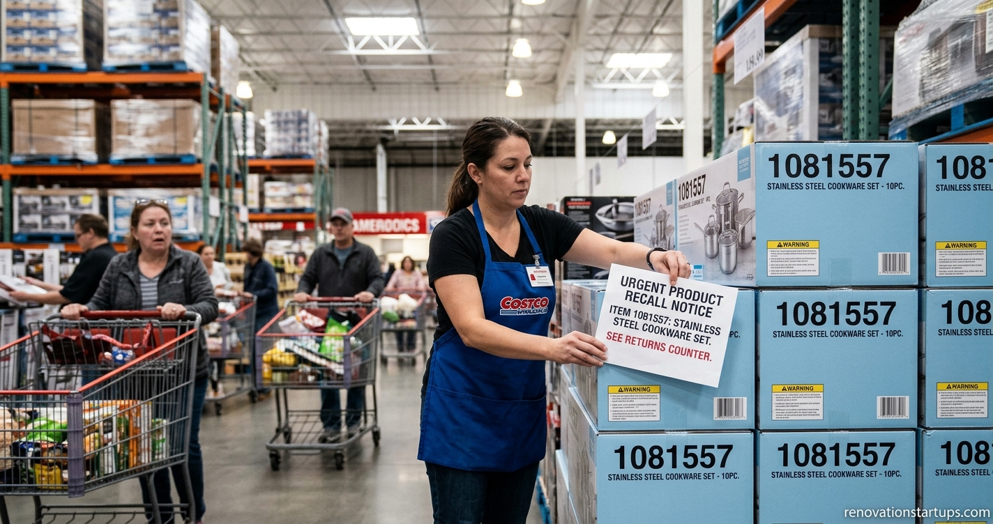 Costco employee placing an urgent product recall notice on item 1081557 boxes inside a warehouse store