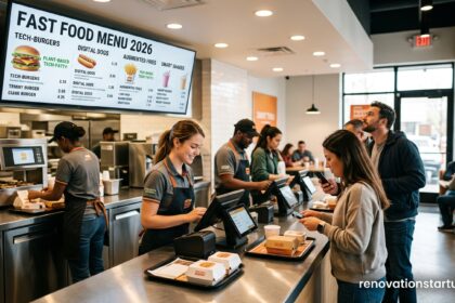 Modern fast food restaurant interior showing customers ordering at the counter with a digital fast food menu 2026 board displaying items and prices.