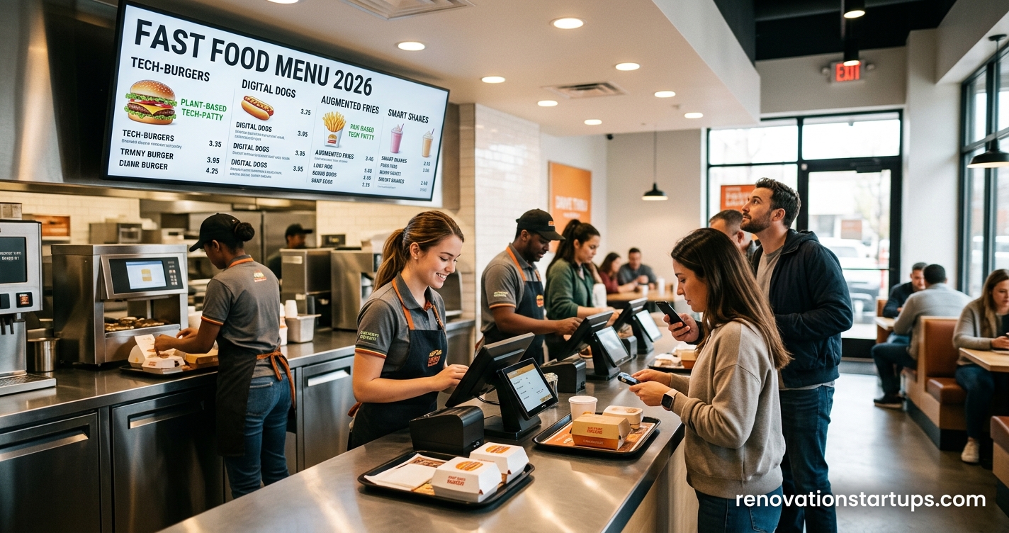 Modern fast food restaurant interior showing customers ordering at the counter with a digital fast food menu 2026 board displaying items and prices.