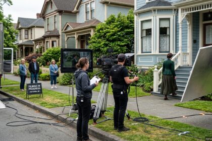 Film crew set up on a residential street with camera equipment and reflector screen, capturing a scene in front of a renovated Victoria-style home for filming in Victoria.
