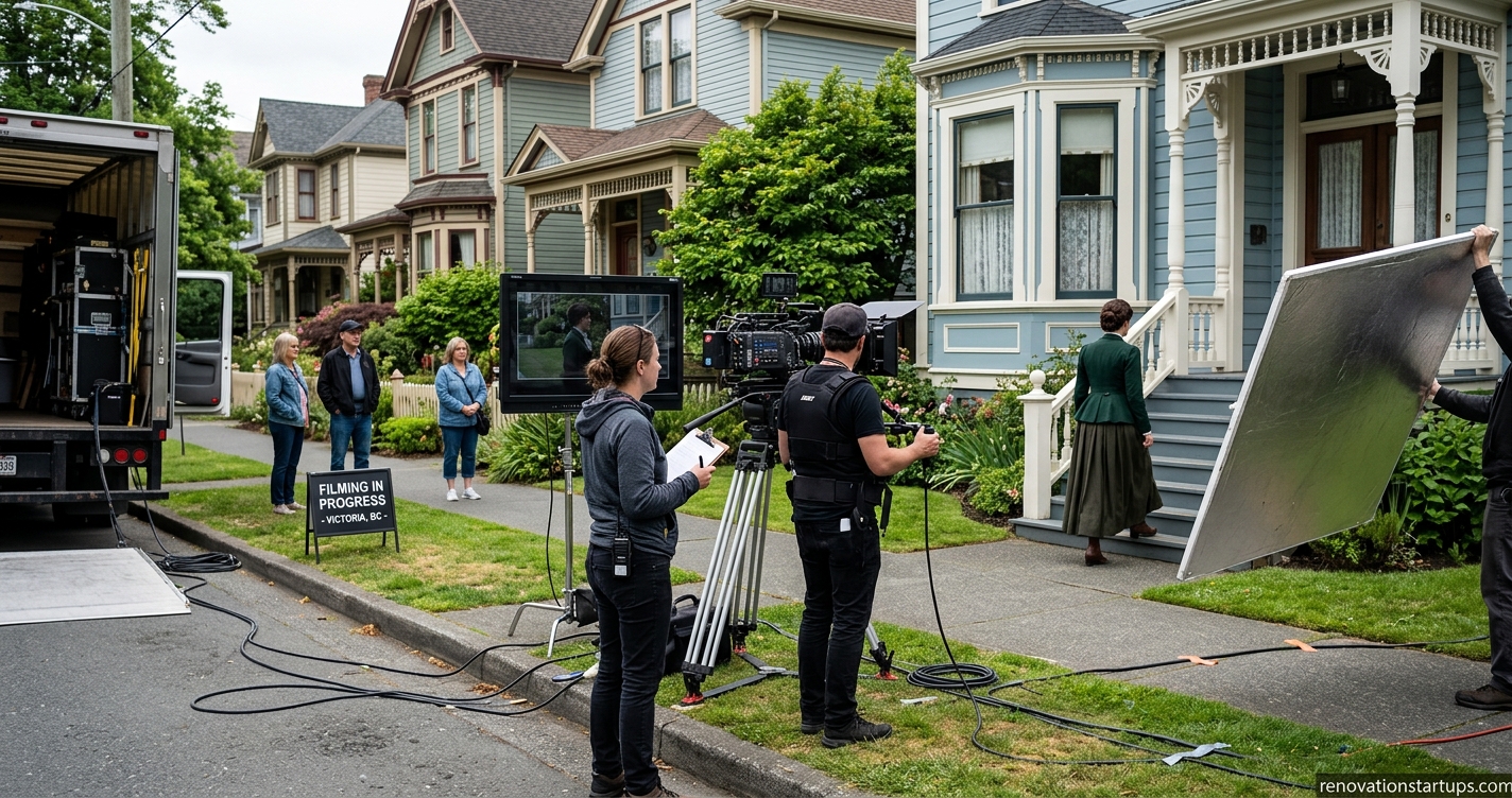 Film crew set up on a residential street with camera equipment and reflector screen, capturing a scene in front of a renovated Victoria-style home for filming in Victoria.