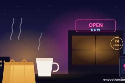 Food open now at night — glowing 24-hour diner sign with takeout bag and coffee