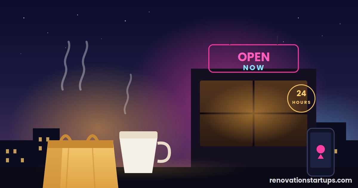 Food open now at night — glowing 24-hour diner sign with takeout bag and coffee