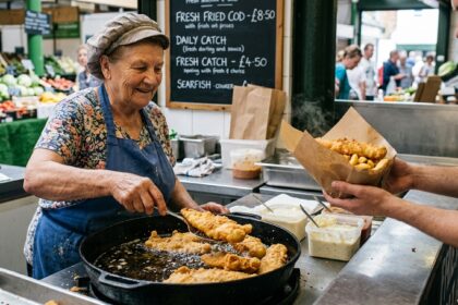Crisp golden-brown fried fish fillets sizzling in a pan at a bustling local seafood market, served fresh with tartar sauce