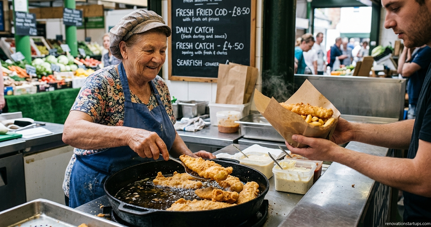 Crisp golden-brown fried fish fillets sizzling in a pan at a bustling local seafood market, served fresh with tartar sauce