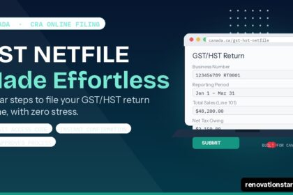 GST NETFILE guide showing a laptop with a GST/HST return form, confirmation checkmark, and step-by-step filing icons for Canadian businesses