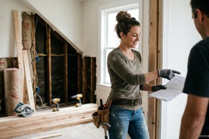 Haley Beck reviewing architectural blueprints during a home renovation project with renovationstartups.com watermark