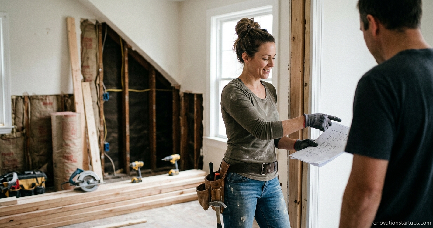 Haley Beck reviewing architectural blueprints during a home renovation project with renovationstartups.com watermark