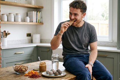 Man sitting on a wooden kitchen island enjoying a homemade high protein bar, surrounded by healthy high protein snacks including nuts, peanut butter, and protein bites.
