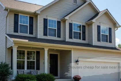 Two-story beige house with navy shutters, a covered front porch, and a two-car garage, showing cheap houses for sale near me.