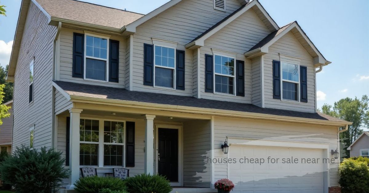 Two-story beige house with navy shutters, a covered front porch, and a two-car garage, showing cheap houses for sale near me.