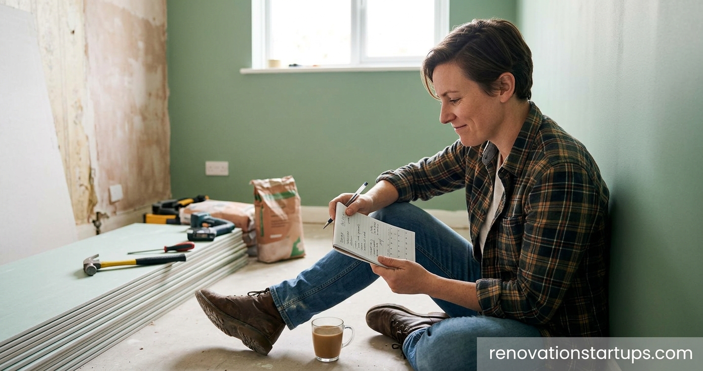 = A homeowner sitting on the floor of an unfinished room next to drywall, reviewing a renovation checklist to figure out how to stop procrastinating on home improvement projects.