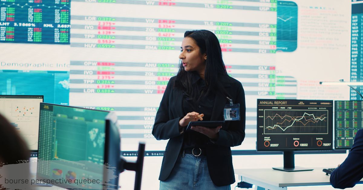 Bourse Perspective Québec student analyst reviewing financial data on screens.