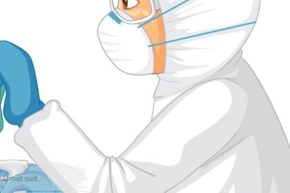 Illustration of a person wearing a full with a protective respirator mask and clear goggles covering the face