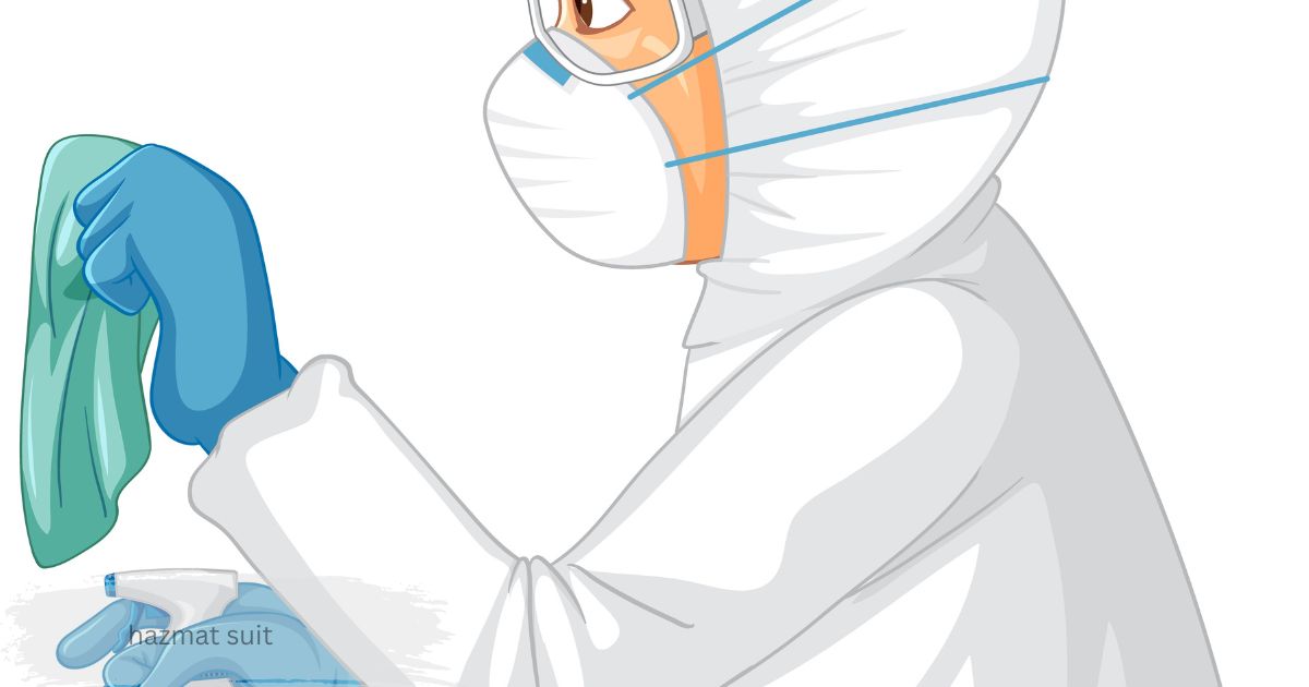 Illustration of a person wearing a full with a protective respirator mask and clear goggles covering the face