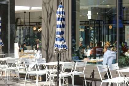 Outdoor patio seating with blue and white striped umbrellas at a restaurant during Summerlicious Toronto