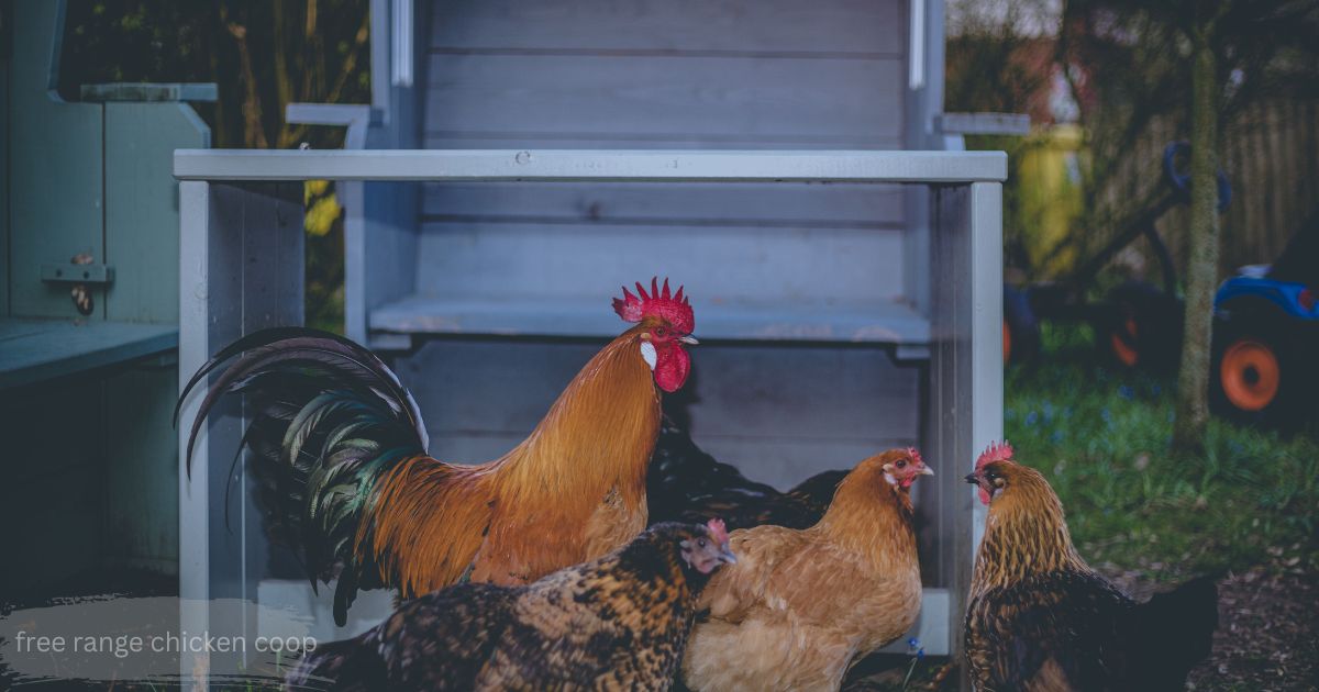 Chickens standing in a grassy yard beside a raised wooden free range chicken coop with wire mesh.
