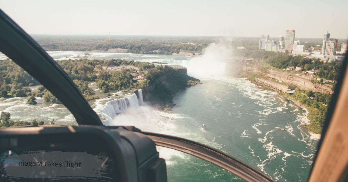A seagull soaring over turquoise river rapids, capturing the free flight feeling of niagara takes flight