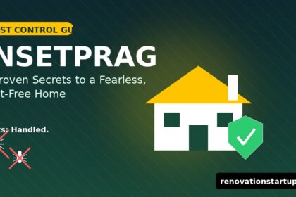 Insetprag pest control guide — house protected by shield icon with crossed-out pests, illustrating 7 proven tips for a pest-free home
