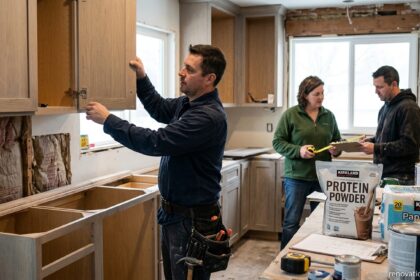 Contractors installing new kitchen cabinets during a home remodel with Kirkland Signature products on the worktable, illustrating renovation startups and Kirkland Signature quality.