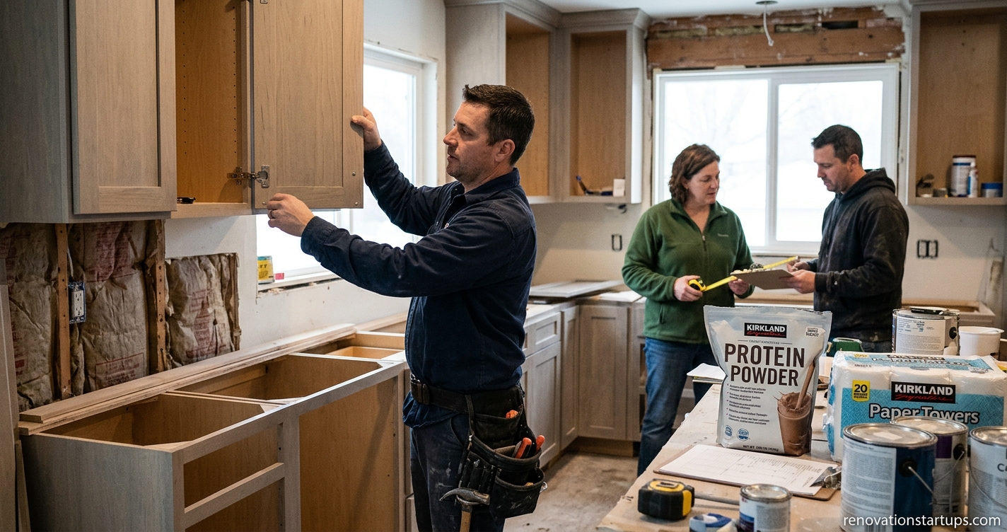 Contractors installing new kitchen cabinets during a home remodel with Kirkland Signature products on the worktable, illustrating renovation startups and Kirkland Signature quality.