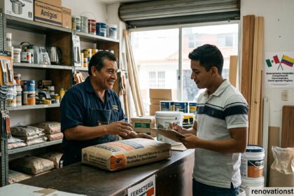 A real-life home renovation scene showcasing materials for a Mexico vs Colombia project comparison, featured on renovationstartups.com.