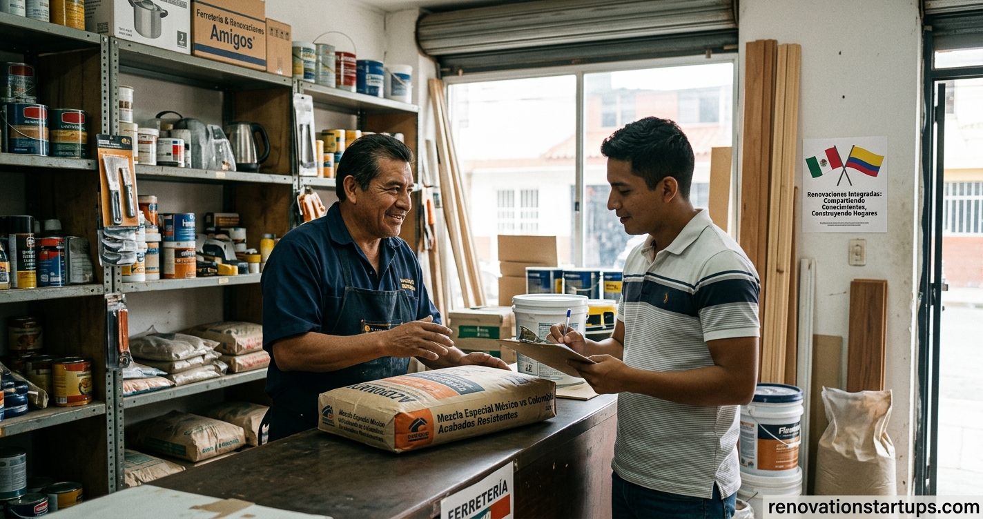 A real-life home renovation scene showcasing materials for a Mexico vs Colombia project comparison, featured on renovationstartups.com.