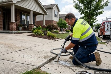 Professional contractor performing mudjacking process to lift and level a sunken residential concrete driveway driveway using high-pressure slurry equipment.