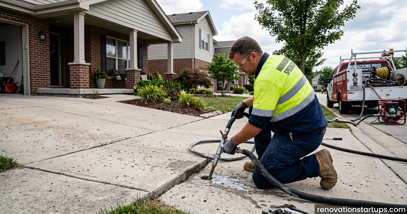 Professional contractor performing mudjacking process to lift and level a sunken residential concrete driveway driveway using high-pressure slurry equipment.