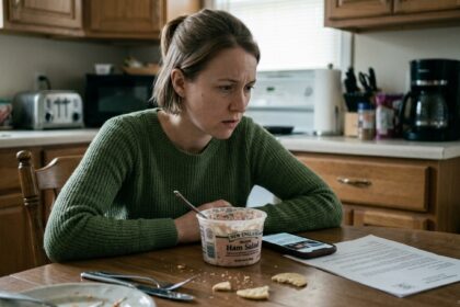 Concerned consumer reading a food recall notice next to a container of Newly Weds Foods ham salad on a kitchen table.