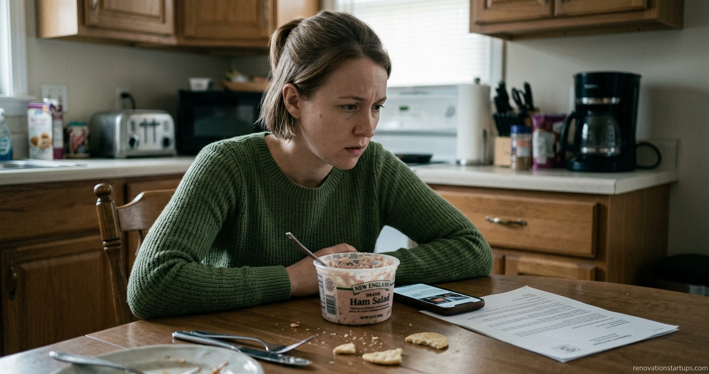 Concerned consumer reading a food recall notice next to a container of Newly Weds Foods ham salad on a kitchen table.
