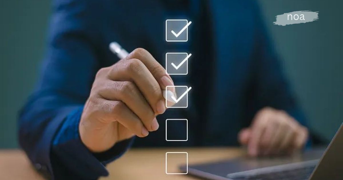 A person in a blue blazer checking off boxes on a digital checklist with a stylus, with three items marked complete, captioned 'noa.