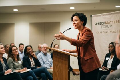 Confident female speaker presenting compelling persuasive speech topics at a forum to an engaged audience, with renovationstartups.com watermark.