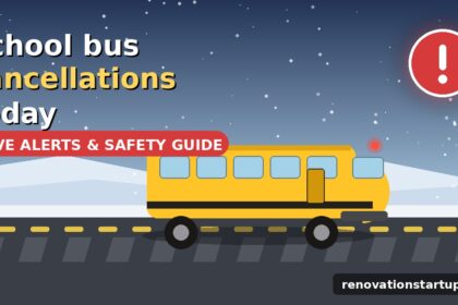 School bus cancellations today alert with yellow school bus on snowy road at dawn