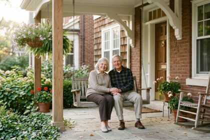 Couple de retraités souriants devant leur maison familiale rénovée, illustrant la sécurité de la vieillesse et la sérénité financière