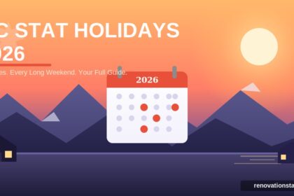 stat holidays bc 2026 calendar graphic showing 11 statutory holiday dates with mountains and houses