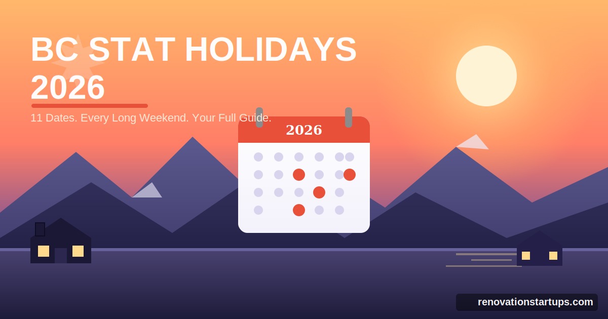stat holidays bc 2026 calendar graphic showing 11 statutory holiday dates with mountains and houses
