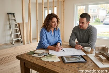 Sunwin Pickering home renovation planning meeting showing a contractor and homeowner reviewing architectural blueprints, color swatches, and a modern kitchen 3D model in a partially framed house - renovationstartups.com