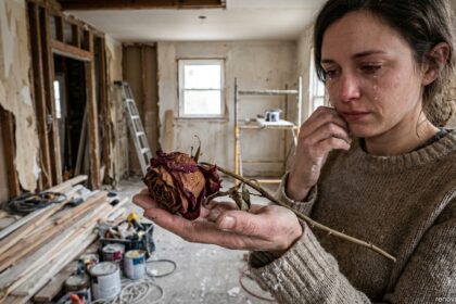 A woman crying inside a distressed home renovation site holding a dried rose with tears on a withered flower.