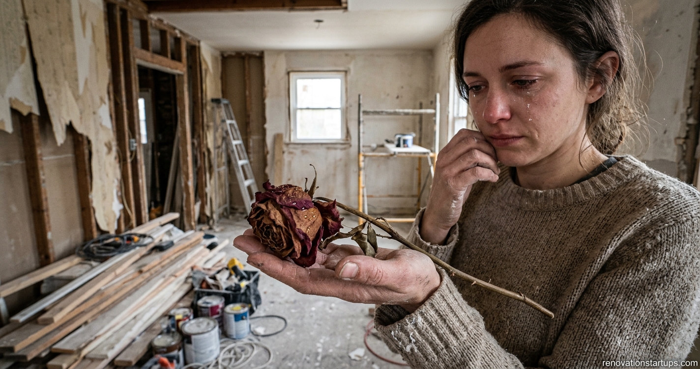 A woman crying inside a distressed home renovation site holding a dried rose with tears on a withered flower.