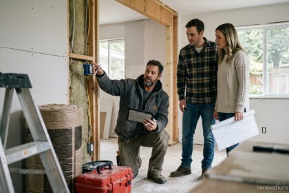 Contractor explaining what ICE stands for in construction to clients on home renovation site - renovationstartups.com