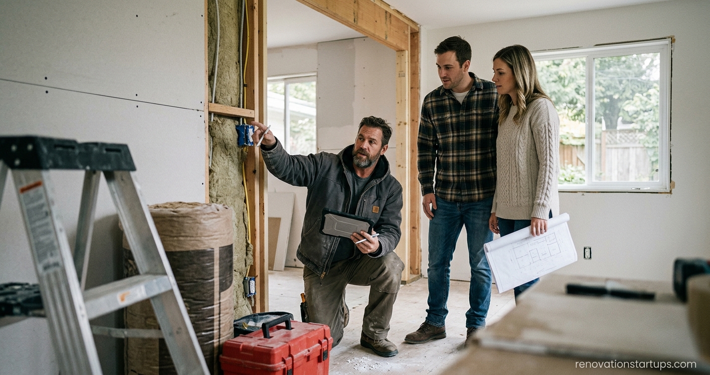 Contractor explaining what ICE stands for in construction to clients on home renovation site - renovationstartups.com