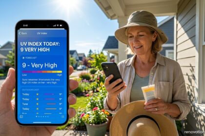 Person checking what is the uv index today on a smartphone weather app outdoors on a sunny day, holding sunscreen and a sun hat for UV protection.